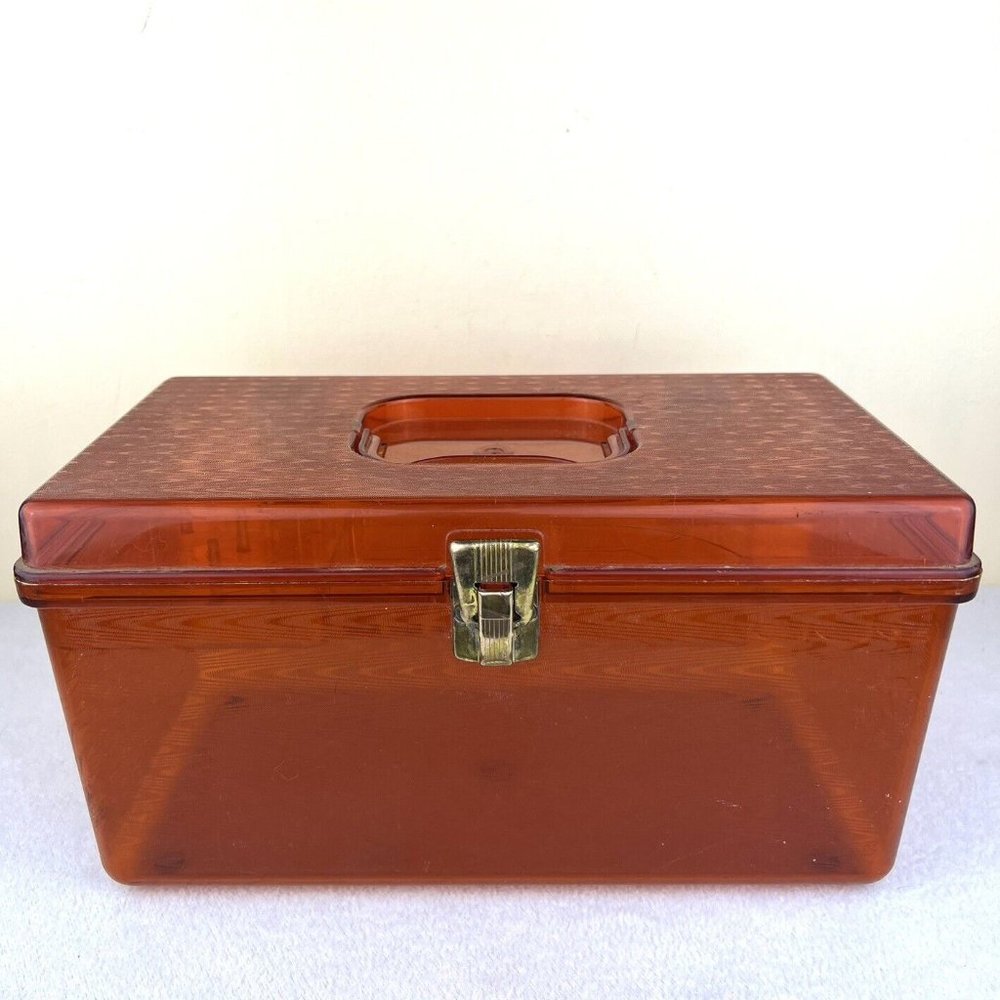 Vintage Wilson Wil-Hold Large Plastic Sewing Box Amber Brown Tray